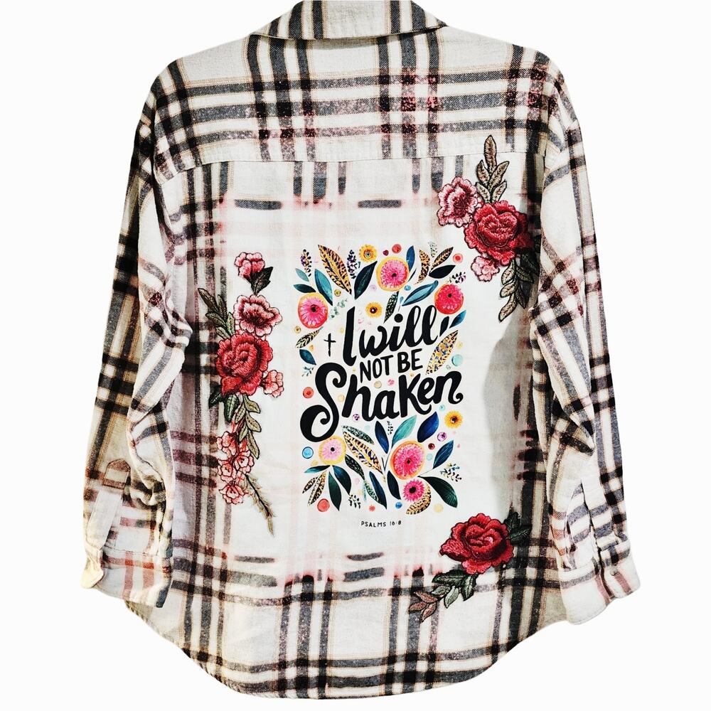 I Will Not Be Shaken Custom Christian Upcycled Plaid Flannel Shirt, Women's L